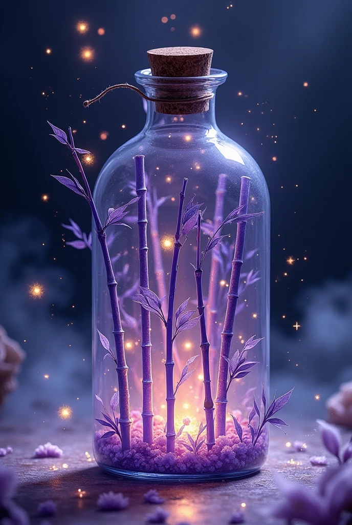 Chinese ink painting, purple bamboo forest hidden in a fairyland in a transparent glass bottle, supernatural, surreal