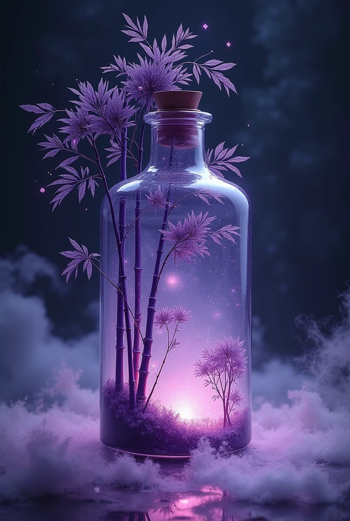 Chinese ink painting, purple bamboo forest hidden in a fairyland in a transparent glass bottle, supernatural, surreal