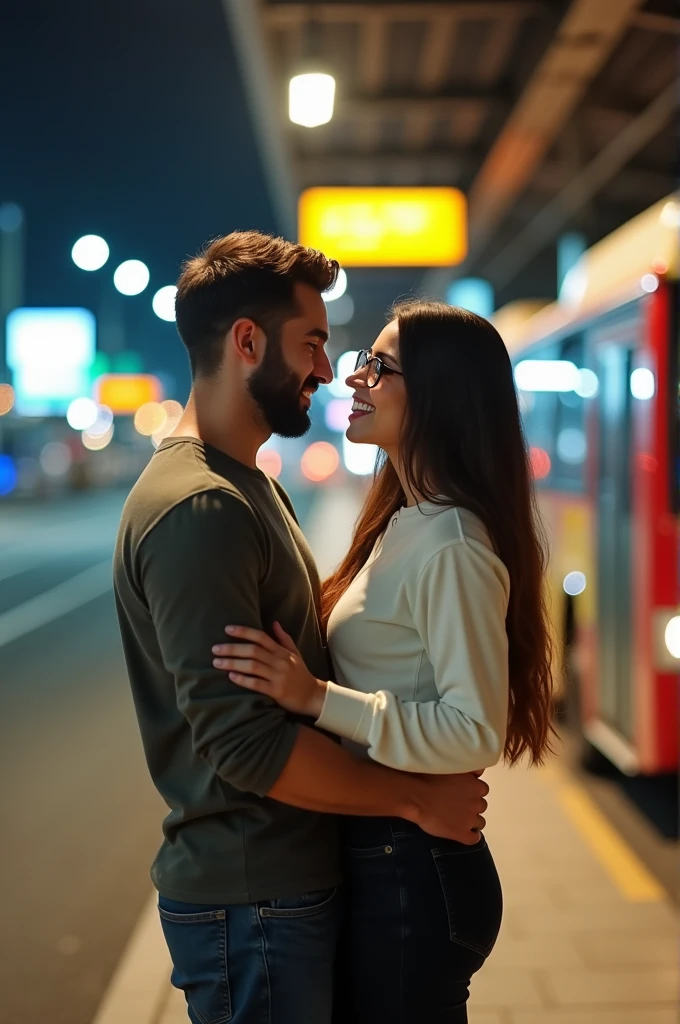 A couple, the boy with the girl carried at waist height, giving each other a hug and a kiss, at a bus station named "Flavio Alfaro". The boy with a 7-day beard, Brown eyes, 1.85 meters tall, vestido con camiseta azul and black pants. The girl, with glasses, Long hair, Brown eyes, 1.65 meters tall, dressed in a white long-sleeved shirt, and black pants,