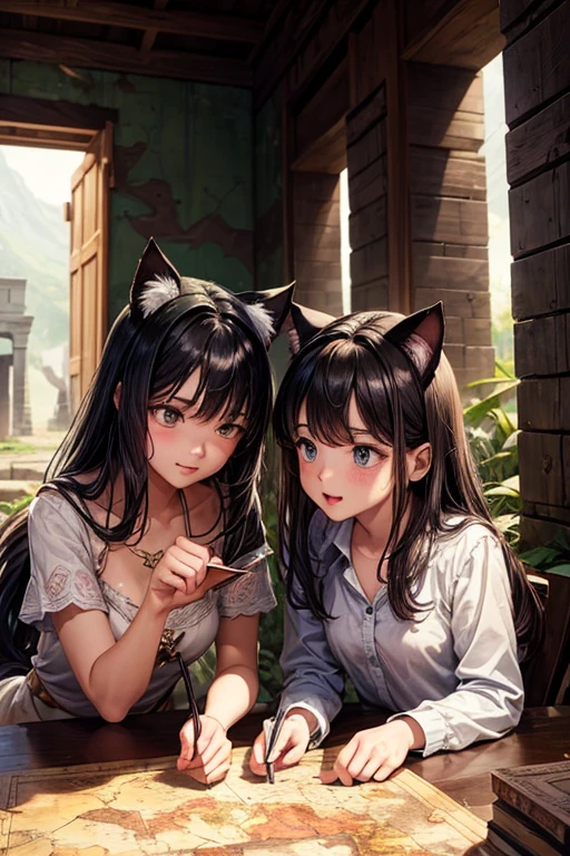 Two girls with cat ears are looking at an ancient map, planning an expedition to an abandoned temple. One of them looks dreamily at the map, and the other is enthusiastically looking for the key to solving the mystery of the temple on it.