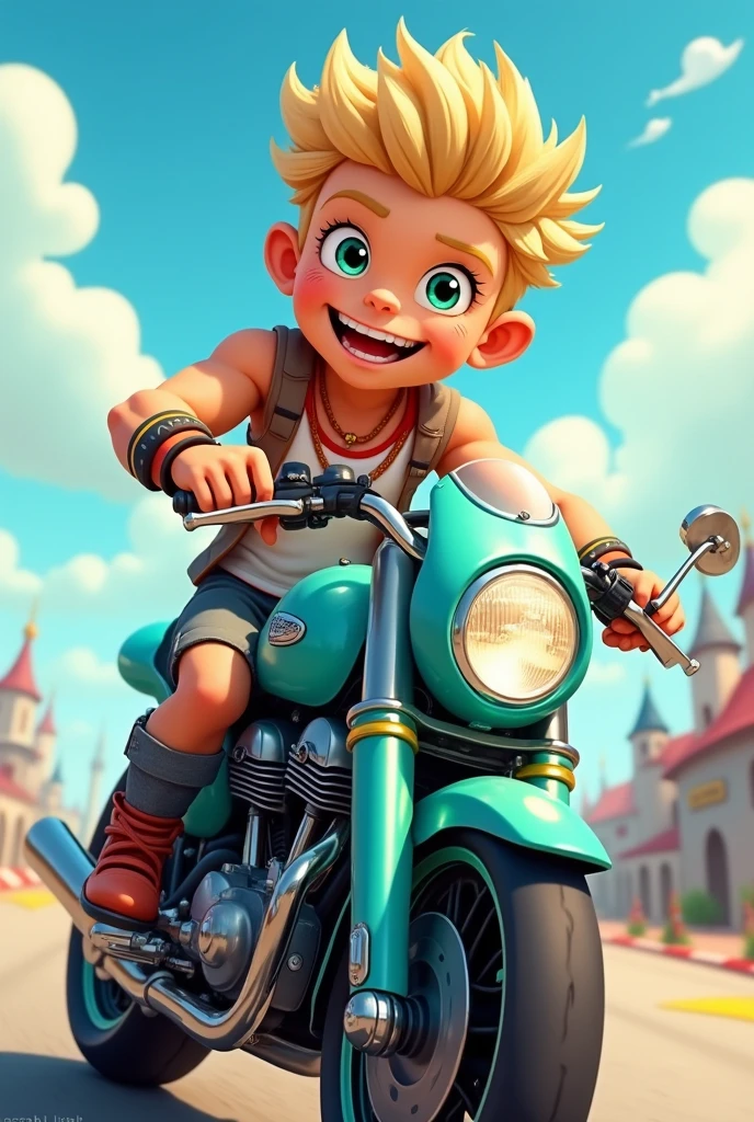 Create a muscular blond boy with green eyes smilling on top of a motorcycle with turquoise blue details in cartoon grafic