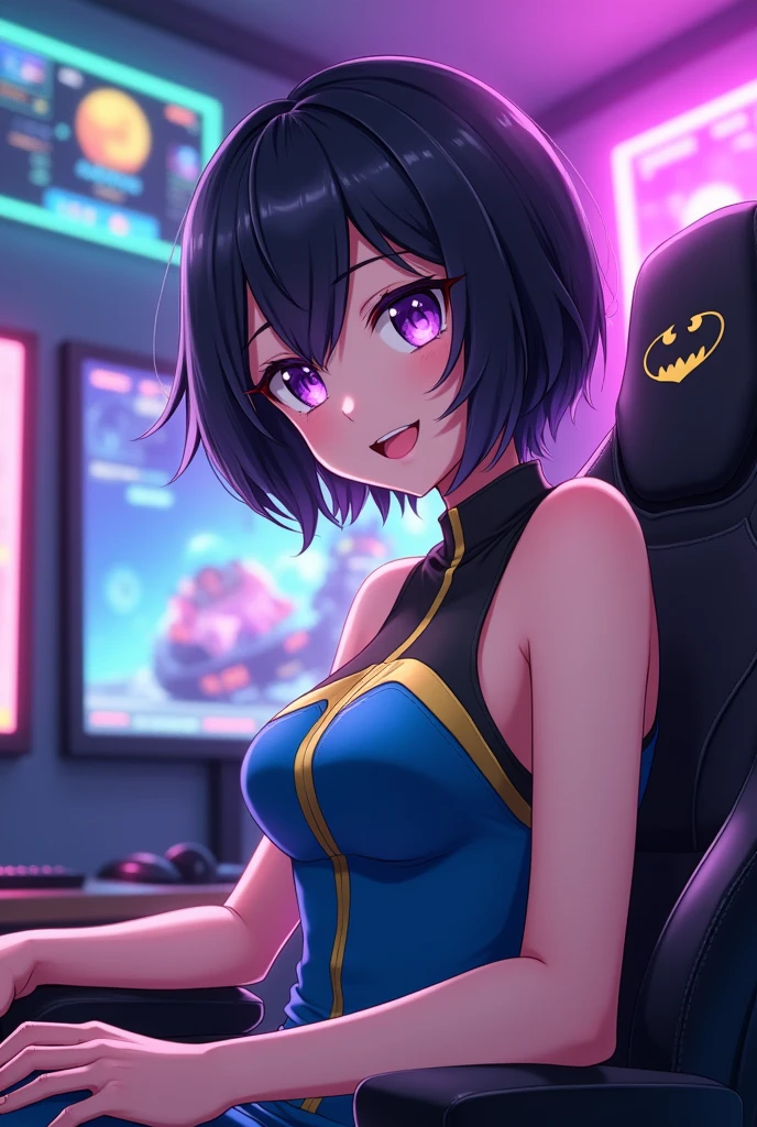 anime, Girl, black hair, short hair, clear skin, purple eyes, sitting in gaming chair, Blue and gold tank top with very short sleeves, big breasts, looking at the viewer smile