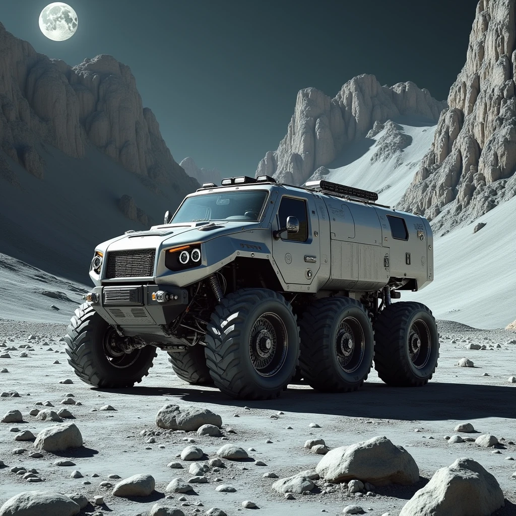 8 wheels, large cargo rover vehicle moon harvest on the moon, marshod, realistic, nasa