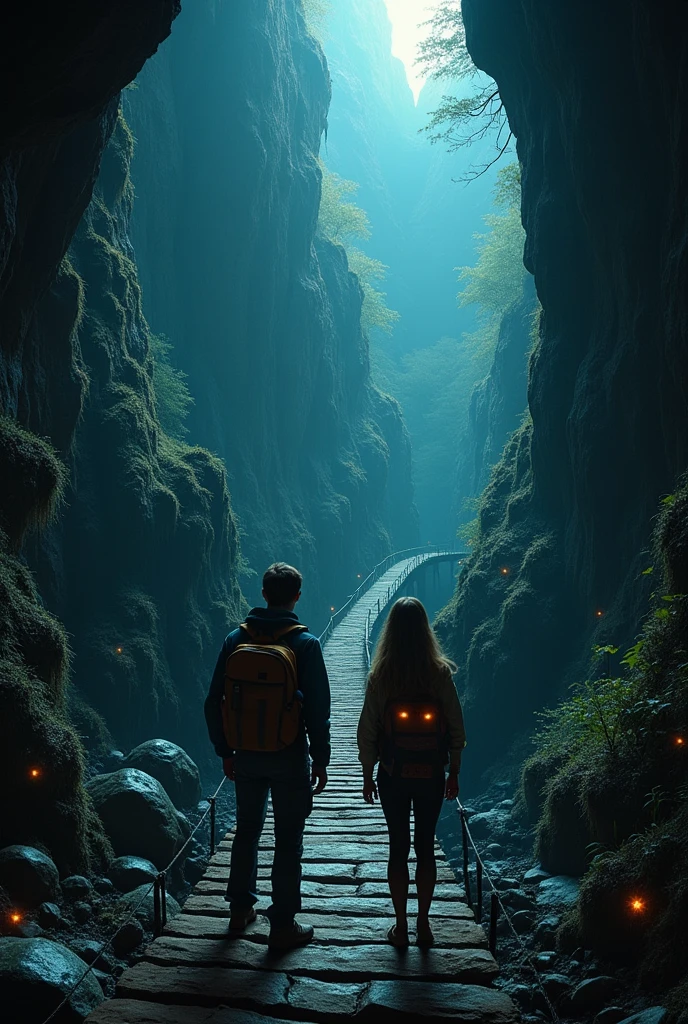A dark cave with a huge cliff and a wooden bridge connecting the cave exit and the other part of the cave. And there are also two scientists, a young man and a woman with loose hair, about to cross the bridge.. And everyone has special clothing for dangerous expeditions
