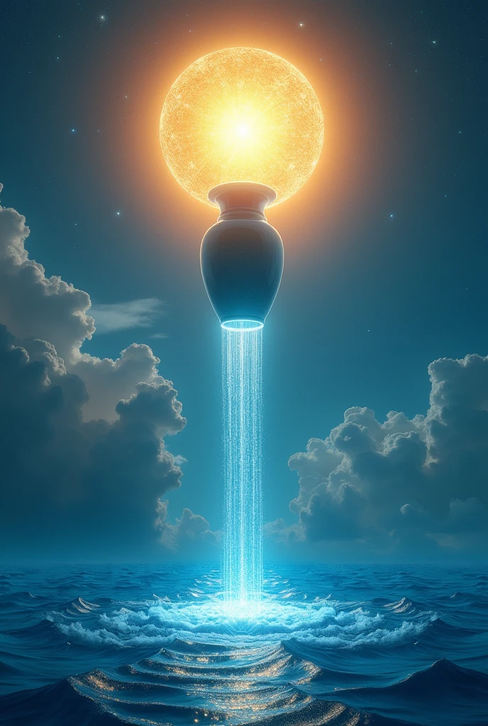 In the sky a vase of water pours over the vast sea, with a big star in the background that lights up everything 