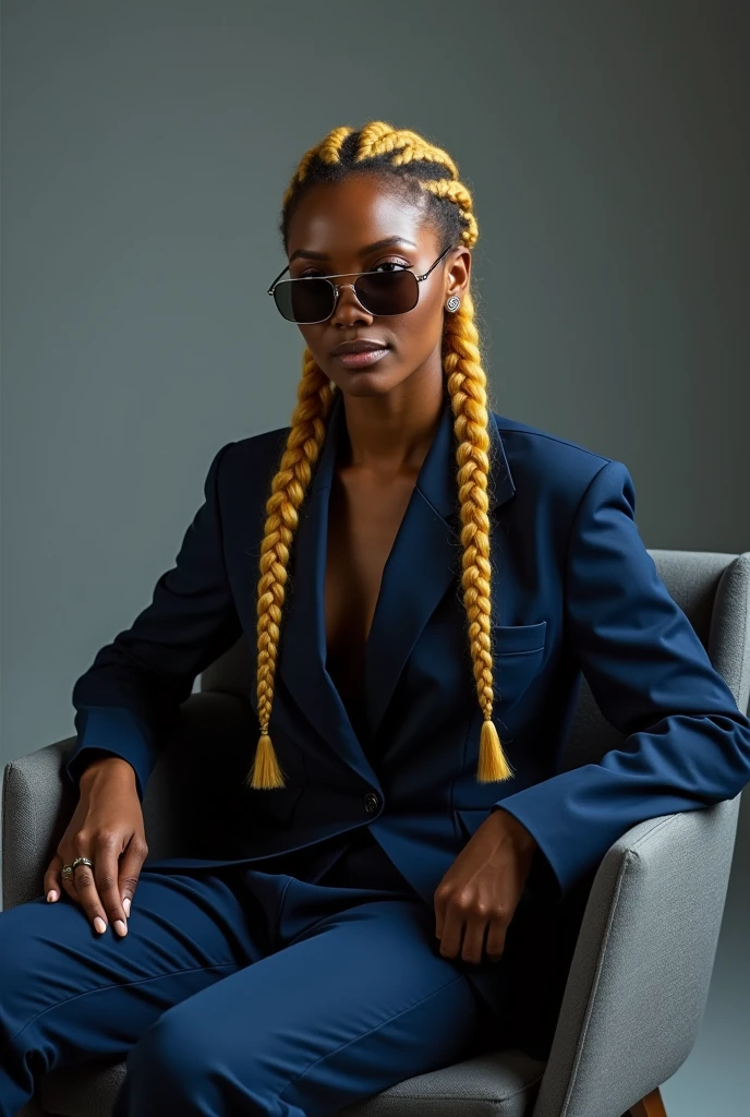 Photo d’une mannequin métisse femme avec des tresses blondes sur toute la tête. Lunette de soleil aviateur. Un ensemble de costume large pour homme bleu foncé. Sitting on an armchair in a studio with a gray background.