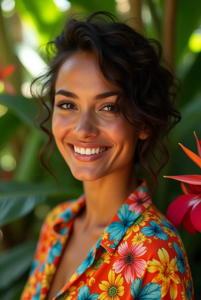 A Brazilian woman in a lush tropical garden, wearing an open shirt with a floral print, with a close-up capturing the harmonious beauty between her breasts and the natural flowers, showing your charm ๐คฃ