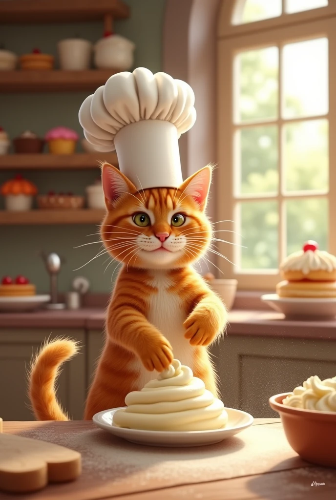 cat whipping a pastry cream, with chef hat, a little more lively
