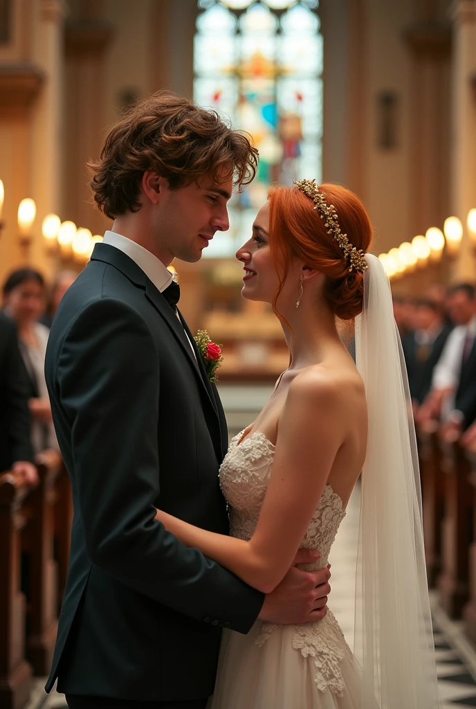A white man, sem beard, green-eyed, with medium wavy hair (he looks like the actor timothée chalamet) marrying a redheaded woman, white, no freckles, with small lips and brown eyes. The wedding is in a Catholic church, and the woman wears a long veil and a golden laurel wreath on her head. They are very much in love