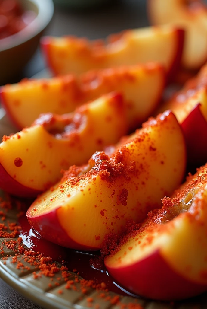 Apple wedges covered with tamarind paste, bathed in chamoy and breaded with chili powder (forma individual) in packaging