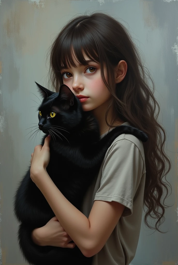 Create an oil painting on canvas of an adult girl with long wavy dark brown hair ,with fringe, Dark brown eyes hugging a black cat and not looking so lively