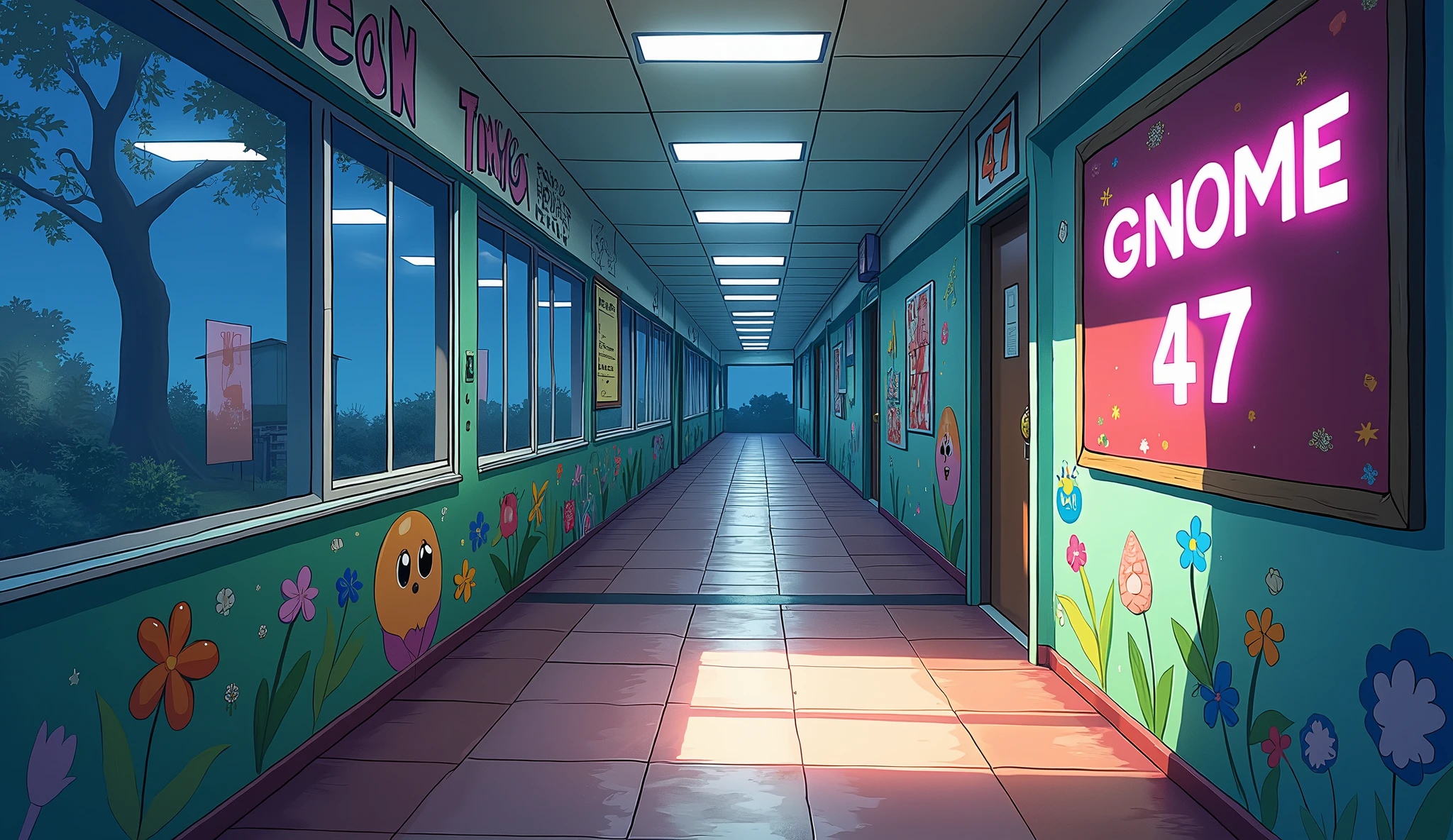 a school corridor with bright colors. there are windows and outside it's night, and on a wall there is a board that writes "GNOME 47", anime style