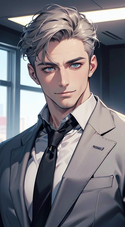 (best quality,4k,8k,highres,masterpiece:1.2),ultra-detailed,(realistic,photorealistic,photo-realistic:1.37),1 man,31 years old,mature man,very handsome,without expression,smile,short grey hair,blue eyes,penetrating gaze,perfect face without errors,imposing posture,businessman,office background,cinematic lighting,hdr image