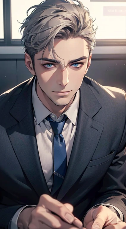 (best quality,4k,8k,highres,masterpiece:1.2),ultra-detailed,(realistic,photorealistic,photo-realistic:1.37),1 man,31 years old,mature man,very handsome,without expression,smile,short grey hair,blue eyes,penetrating gaze,perfect face without errors,imposing posture,businessman,office background,cinematic lighting,hdr image