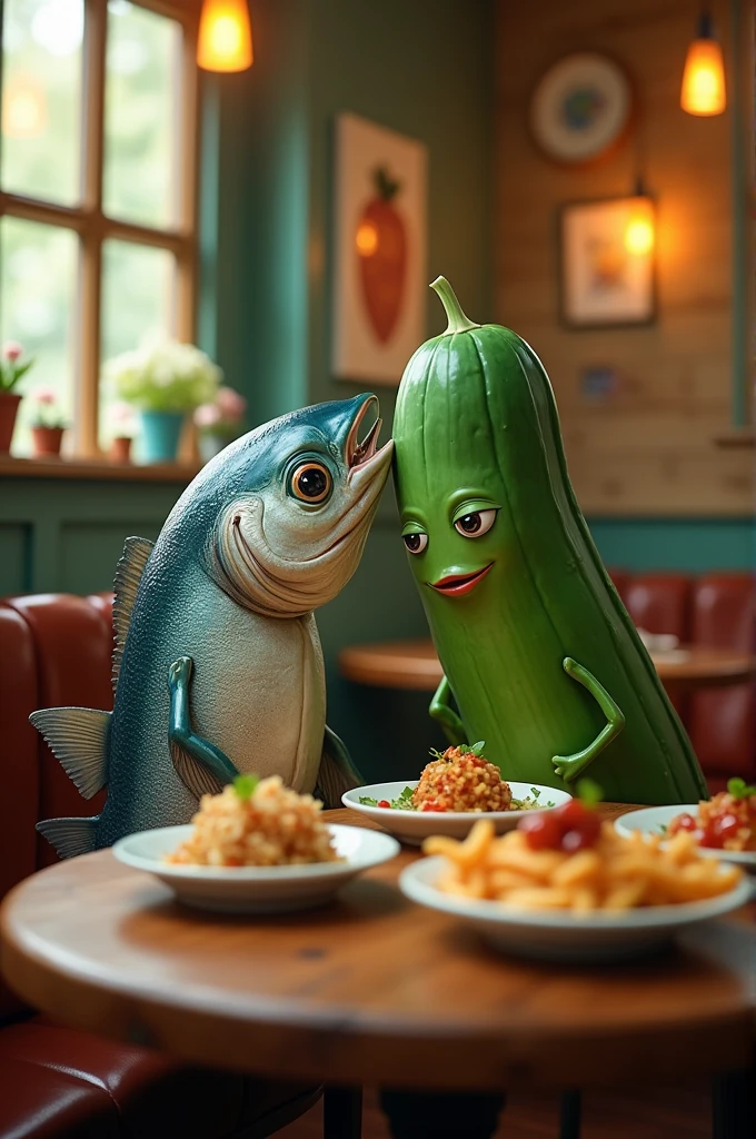 tuna and cucumber kissing while sitting at a table in a restaurant