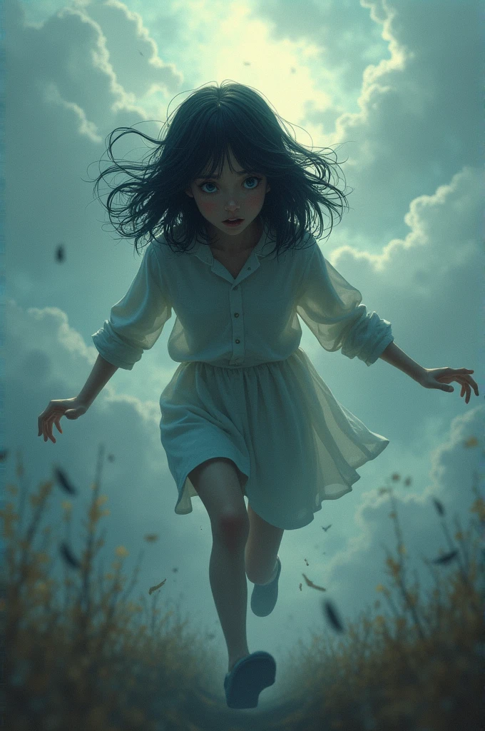 a black-haired girl with shoulder-length hair, fleeing from reality. (Heart Broken.)