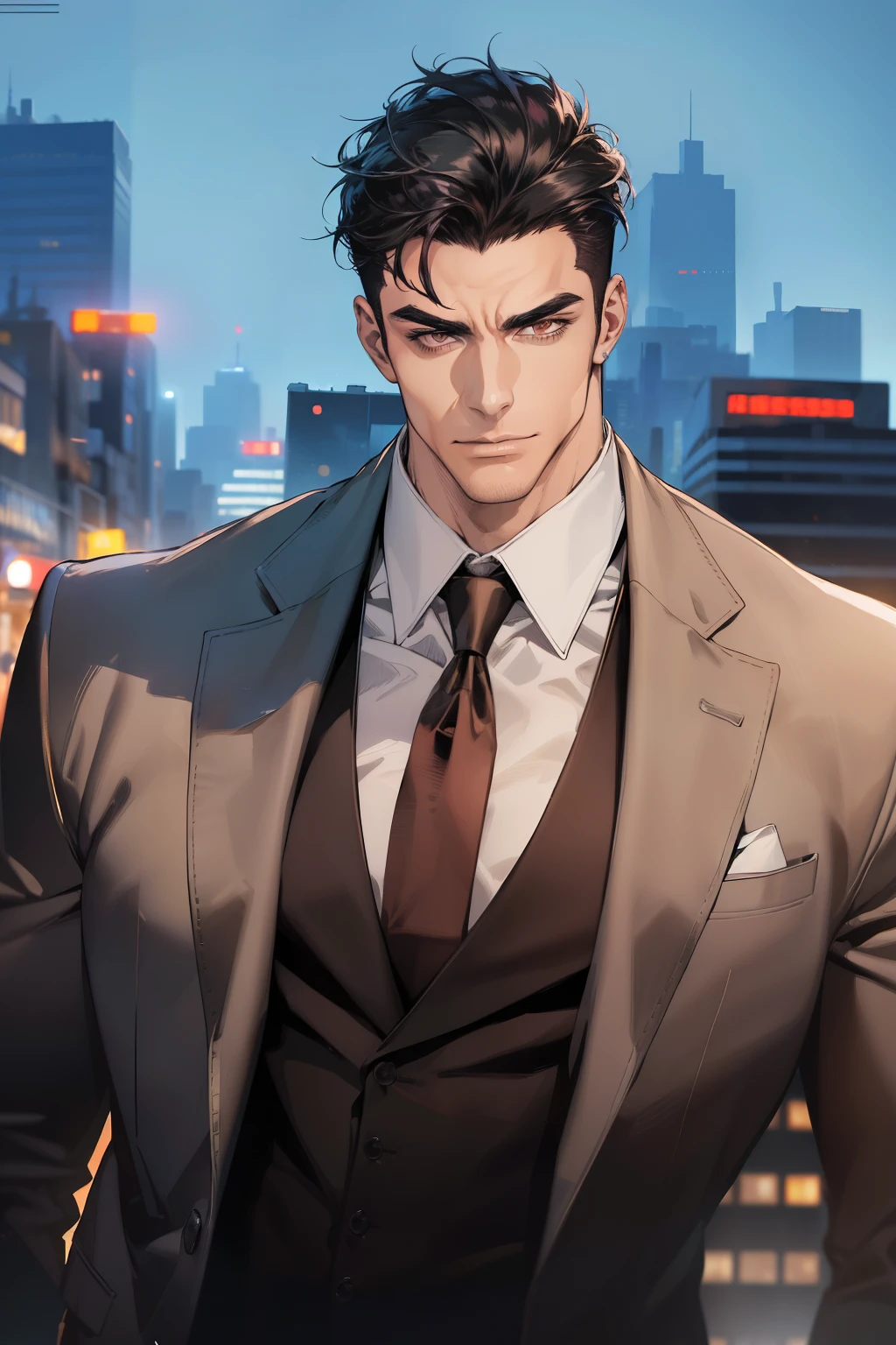 (absurdres, highres, ultra detailed, realistic, ), 1 male, solo, adult, mature, tall muscular guy, broad shoulders, handsome, very short hair, black hair, brown eyes, angular jaw, thick neck, thick eyebrows, night, dark, the night view of the city background, formal suit, necktie, upper body