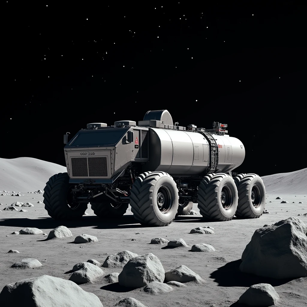 8 wheels, large cargo rover vehicle moon harvest on the moon, marshod, realistic, nasa