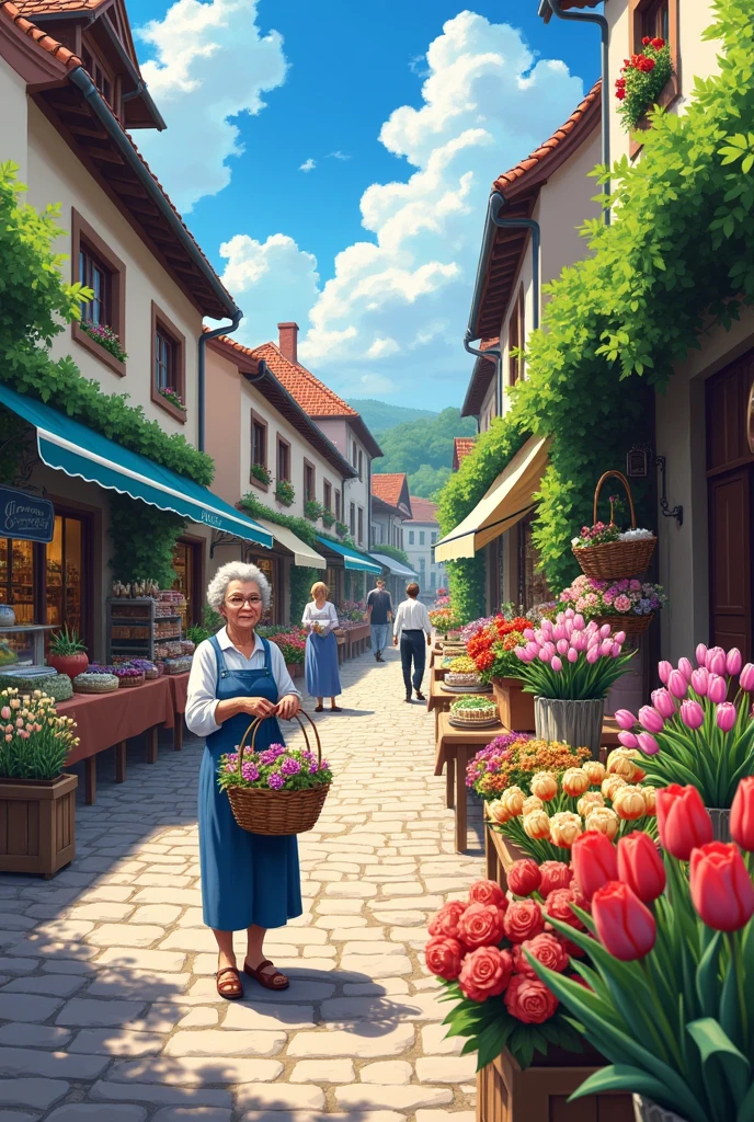A vibrant street market scene in a small European village. The focus is on a stall selling colorful flowers, with an array of bright blooms like tulips, daisies, and roses arranged in baskets and vases. The vendor, an elderly woman with a warm smile, stands behind the stall. Surrounding the flower stall are other market vendors selling fresh produce, handmade crafts, and baked goods. Cobblestone streets and charming old buildings with ivy-covered walls add to the atmosphere. The lively scene is full of movement, but the flower stall is the clear focal point. Anime style