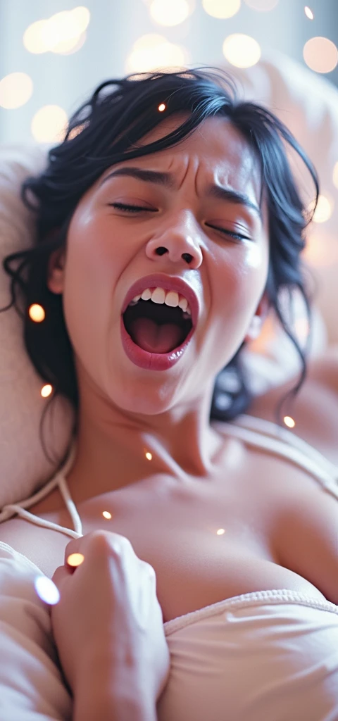 The pieces fly,Award-winning photo, Very detailed, Edge Orgasm, Woman with open mouth and closed eyes , Sweaty skin、Lighting that highlights shiny sweat{{{Spread the word }}}, Black Hair、Browsing Caution,{{{{Crowd of male spectators}}}},(Long, narrow nostrils)、bed、Head on the pillow、From above、beautiful agony,
INFO