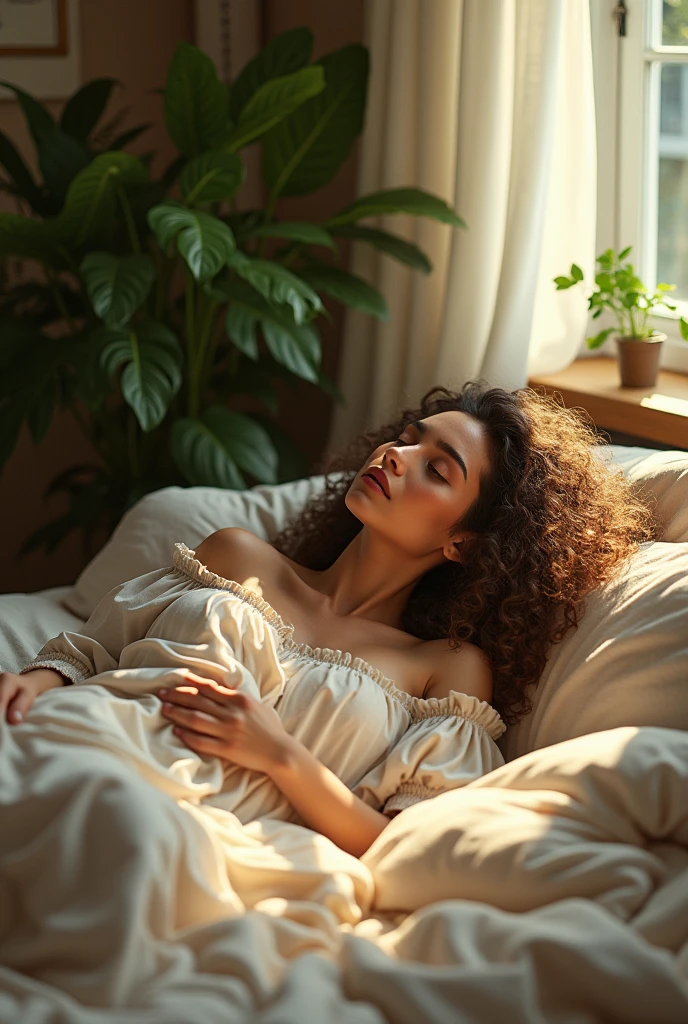 (photorealism:1.2), beautiful woman, sitting on bed, wearing loose off-shoulder top, pajama pants, long curly hair, indoors, soft lighting, plants in background, window with sunlight, cozy room, relaxed pose, realistic, intricate details, warm colors, by Greg Rutkowski, by Alphonse Mucha