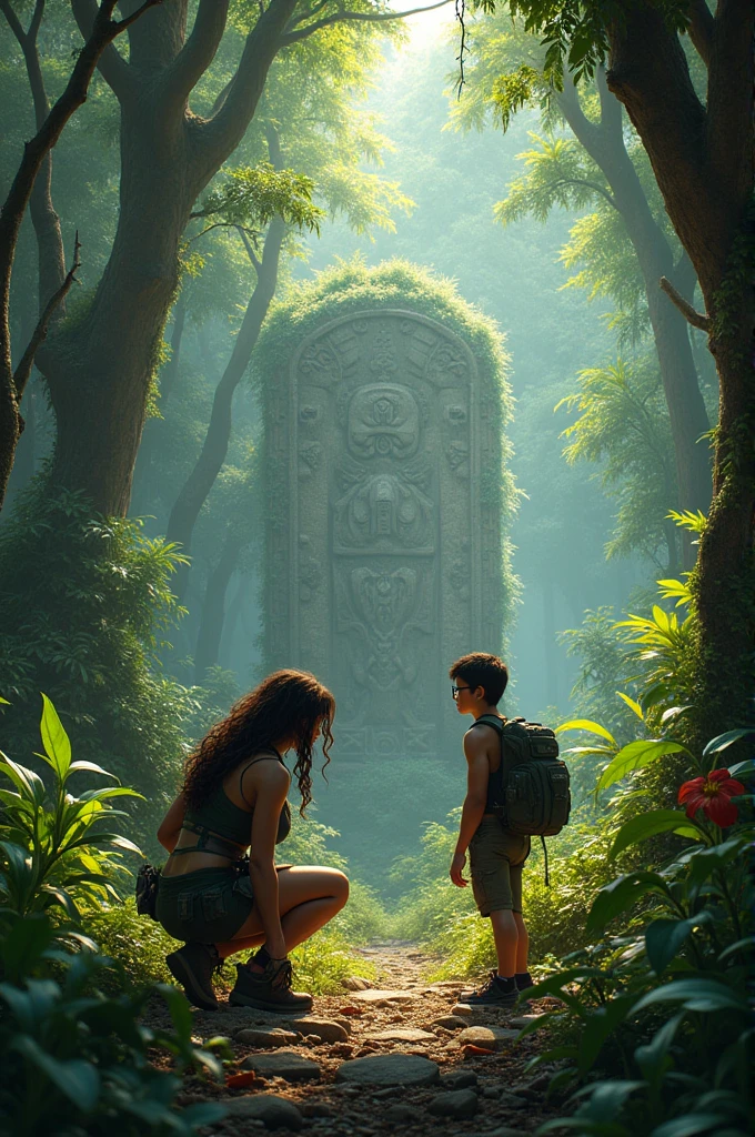 Lara and Max find the ancient stone in the jungle