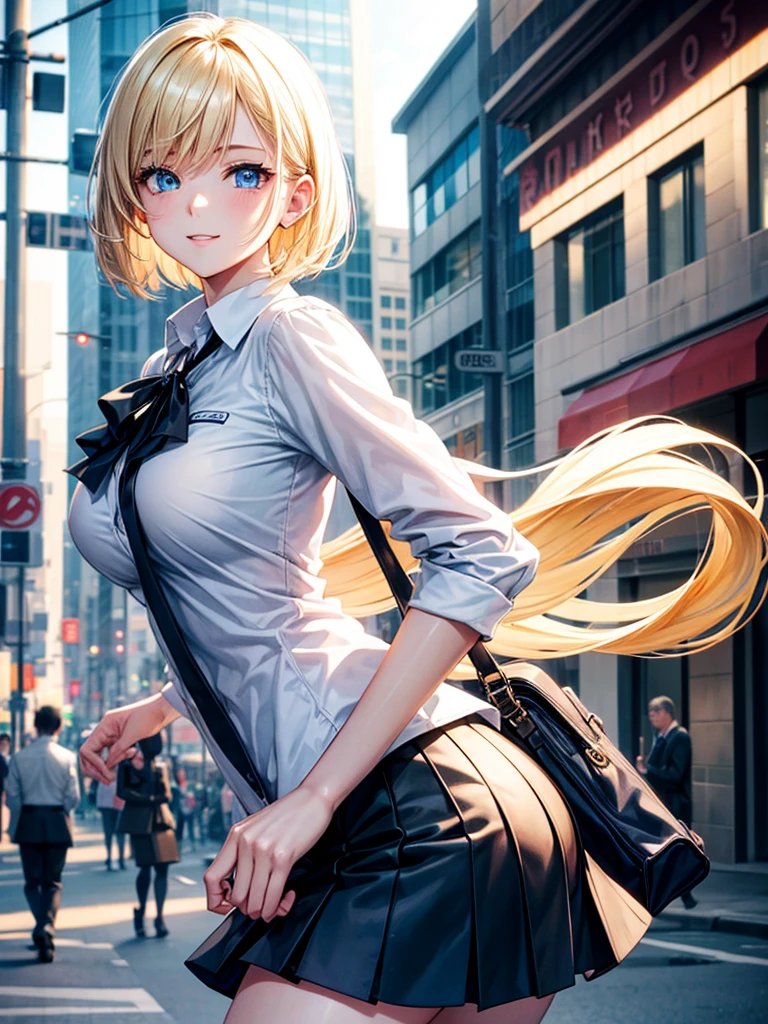 Anime style, super fine illustration, highly detailed, beautiful detailed, pale tone image, static representation, gentle expression, 8k, pretty 1girl with blonde straight short hair & blue eyes & a bright smile & full bust & soft fair skin is wearing big white business shirt not to show her skin & black tight skirt & 1business bag, on the business building street, in the morning, brilliant particles of lights, romantic stories, solo, perfect fingers, perfect arms, perfect legs, masterpiece.