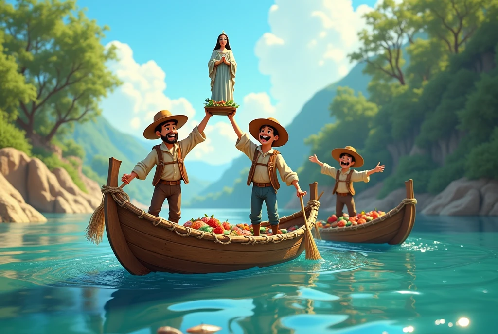Desenhar, in landscape format and Disney Pixar style, the image of 3 men dressed in hats and simple 17th century fisherman's clothes, in 2 rowing boats, with fishing nets and full of fish, num long river, one of them holds in his hands the 36cm statue of Our Lady of Aparecida, found in the river.