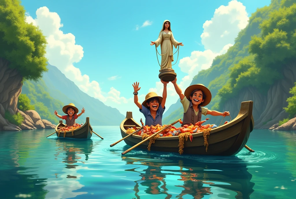 Desenhar, in landscape format and Disney Pixar style, the image of 3 men dressed in hats and simple 17th century fisherman's clothes, in 2 rowing boats, with fishing nets and full of fish, num long river, one of them holds in his hands the 36cm statue of Our Lady of Aparecida, found in the river.