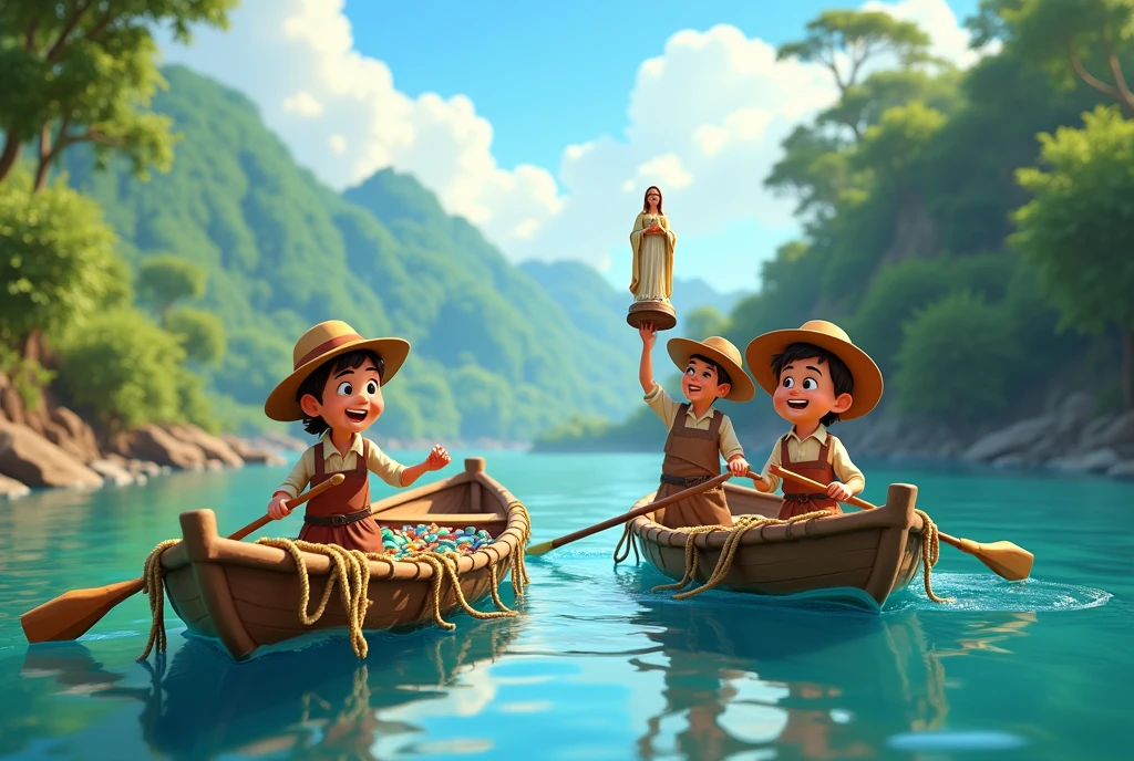 Desenhar, in landscape format and Disney Pixar style, the image of 3 men dressed in hats and simple 17th century fisherman's clothes, in 2 rowing boats, with fishing nets and full of fish, num long river, one of them holds in his hands the 36cm statue of Our Lady of Aparecida, found in the river.