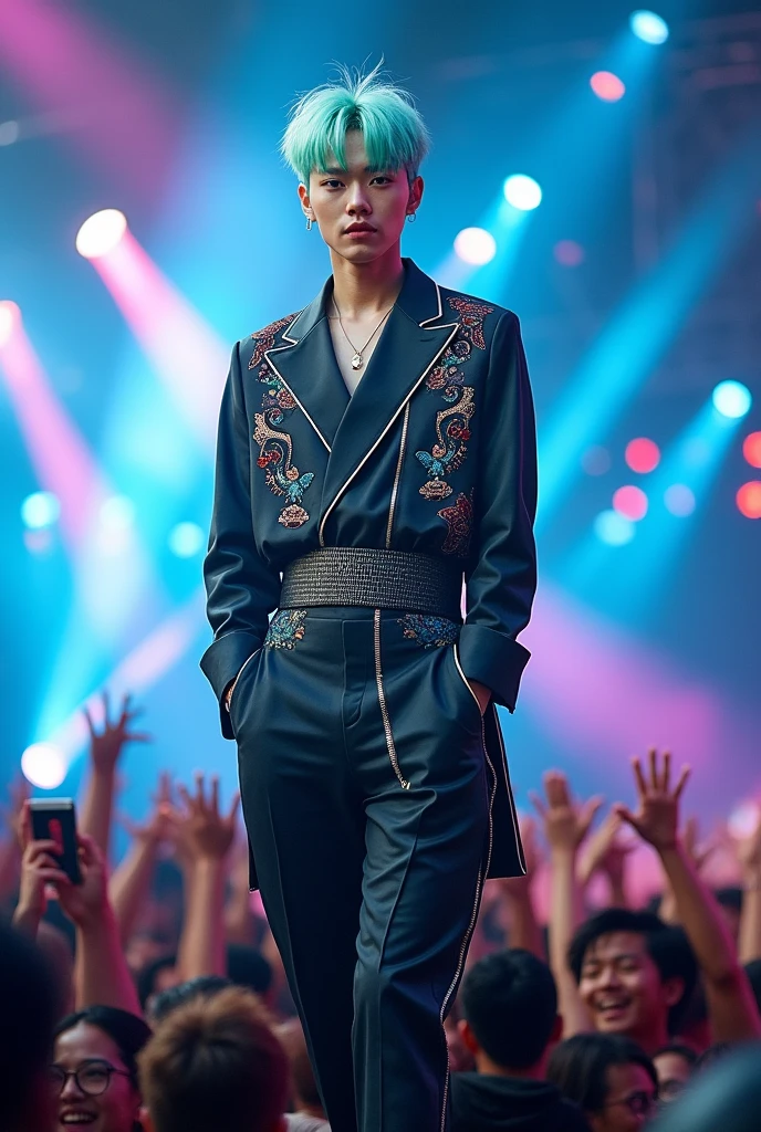 A Chinese male kpop singer, with mint blue hair