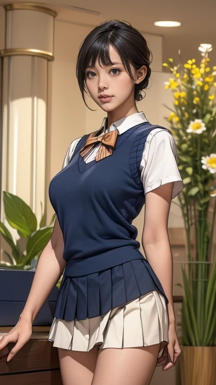 (masterpiece:1.2, highest quality), (realistic, photorealistic:1.4), beautiful illustrations, (natural side lighting, movie lighting), Depth of written boundary, 
looking at the viewer, Front view, 1 girl, English, high school girl, 20 years old, perfect face, Cute symmetrical face, shiny skin, open legs,
(bob hair:1.7,blonde), asymmetrical bangs, Big eyes, droopy eyes, long eyelashes chest), thin, 
beautiful hair, beautiful face, fine and beautiful eyes, beautiful clavicle, beautiful body, beautiful breasts, beautiful thighs, beautiful feet, beautiful fingers, 
((fine fabric texture, brown knit vest, short sleeve white collar shirt, navy pleated skirt, Navy bow tie)), 
(beautiful scenery), evening, (Inside the flower shop), Are standing, (smile, Upper grade, open your mouth),  (((skirt lift, no panties, genitals visible))), full body shot, dark blue socks, sexy face, inverted nipples,