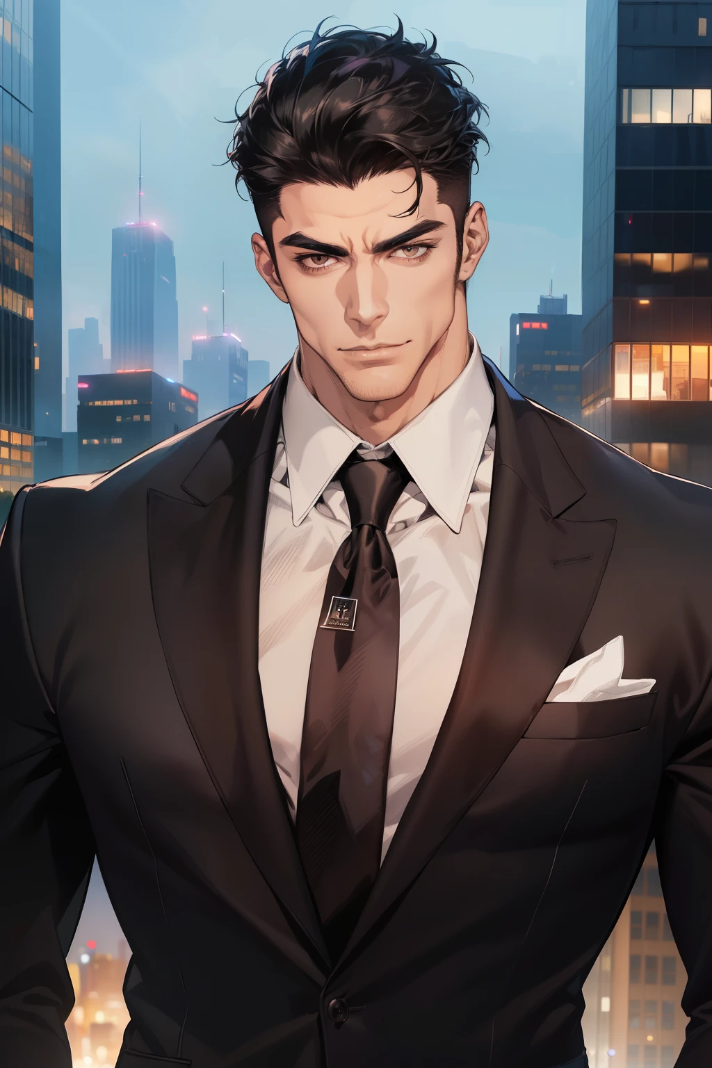 (absurdres, highres, ultra detailed, realistic, ), 1 male, solo, adult, mature, tall muscular guy, broad shoulders, handsome, very short hair, black hair, brown eyes, angular jaw, thick neck, thick eyebrows, night, dark, the night view of the city background, formal suit, necktie, upper body