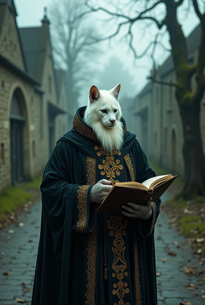 45 year old man with white fur in a black robe with a grimoire in his hand on a desolate street with Celtic garments
