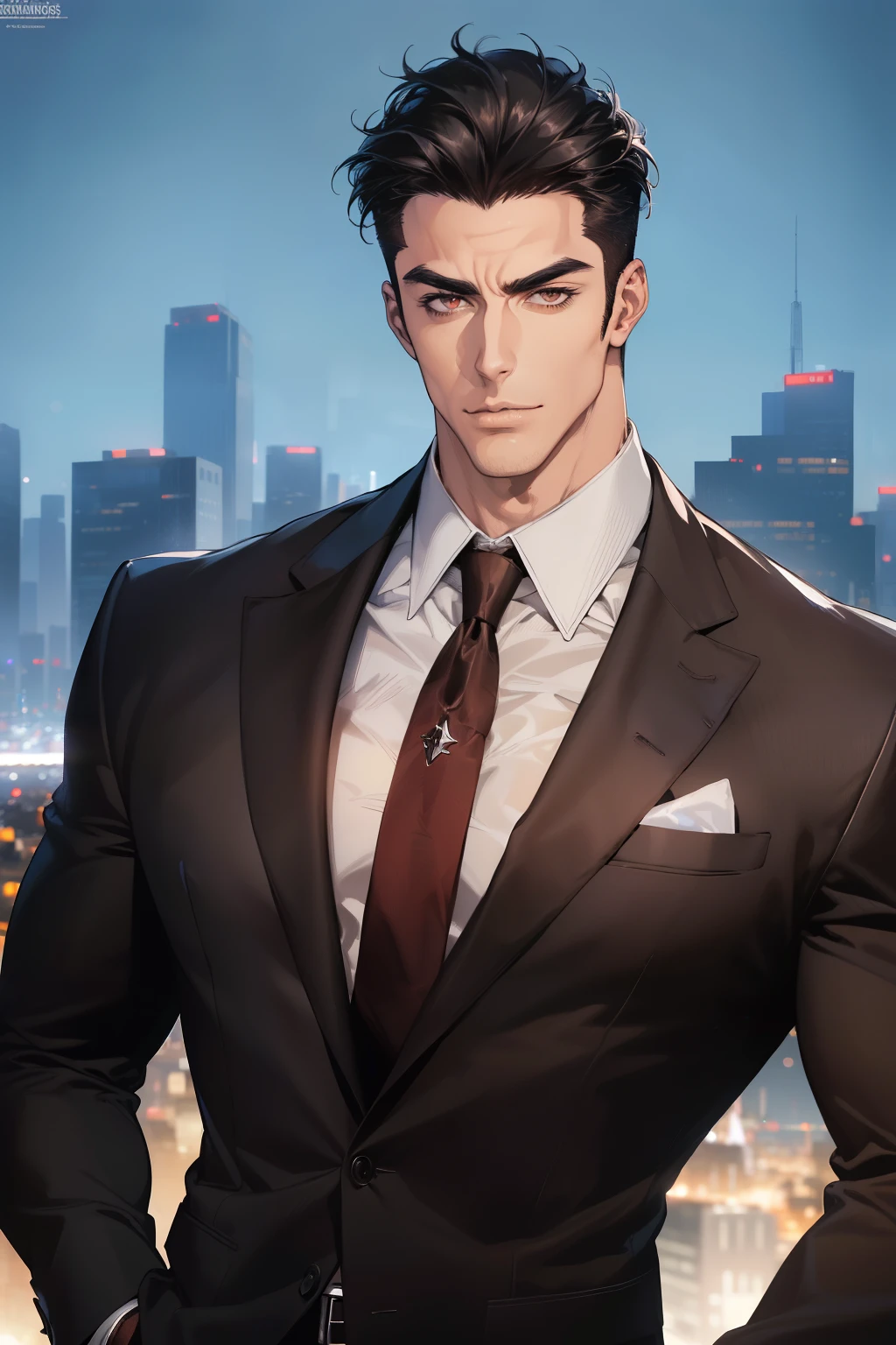 (absurdres, highres, ultra detailed, realistic, ), 1 male, solo, adult, mature, tall muscular guy, broad shoulders, handsome, very short hair, black hair, brown eyes, angular jaw, thick neck, thick eyebrows, night, dark, the night view of the city background, formal suit, necktie, upper body