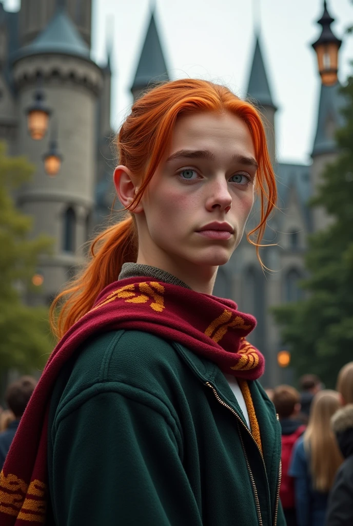 male, teenager, tall, handsome, long red hair in a ponytail, bluish gray eyes, cool, leader, popular, gryffindor
