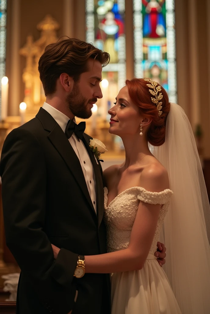 A white man, sem beard, green-eyed, with medium wavy hair (he looks like the actor timothée chalamet) marrying a redheaded woman, white, no freckles, with small lips and brown eyes. The wedding is in a Catholic church, and the woman wears a long veil and a golden laurel wreath on her head. They are very much in love