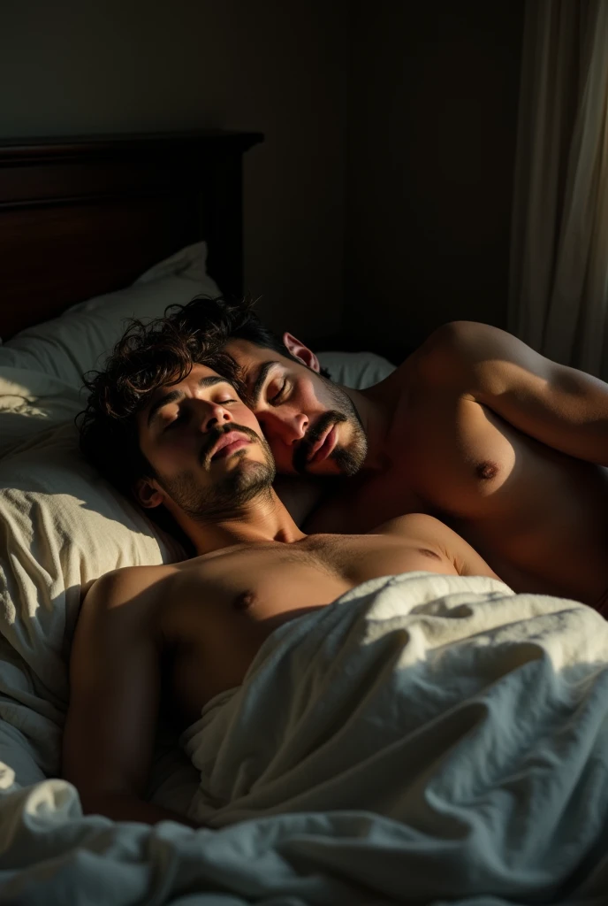 A young man sleeping on his back and a sexy gay skinny man with a mustache, having sex with him , Peace as peace , dirty bed in the slum