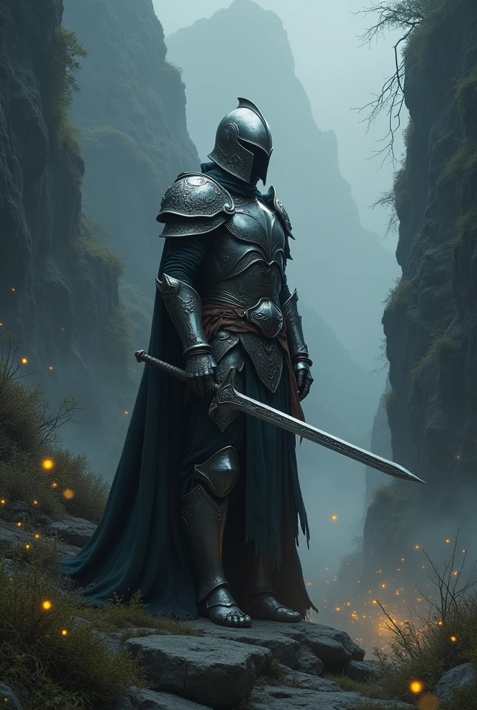 Warrior in helmet and armor in the dark valley