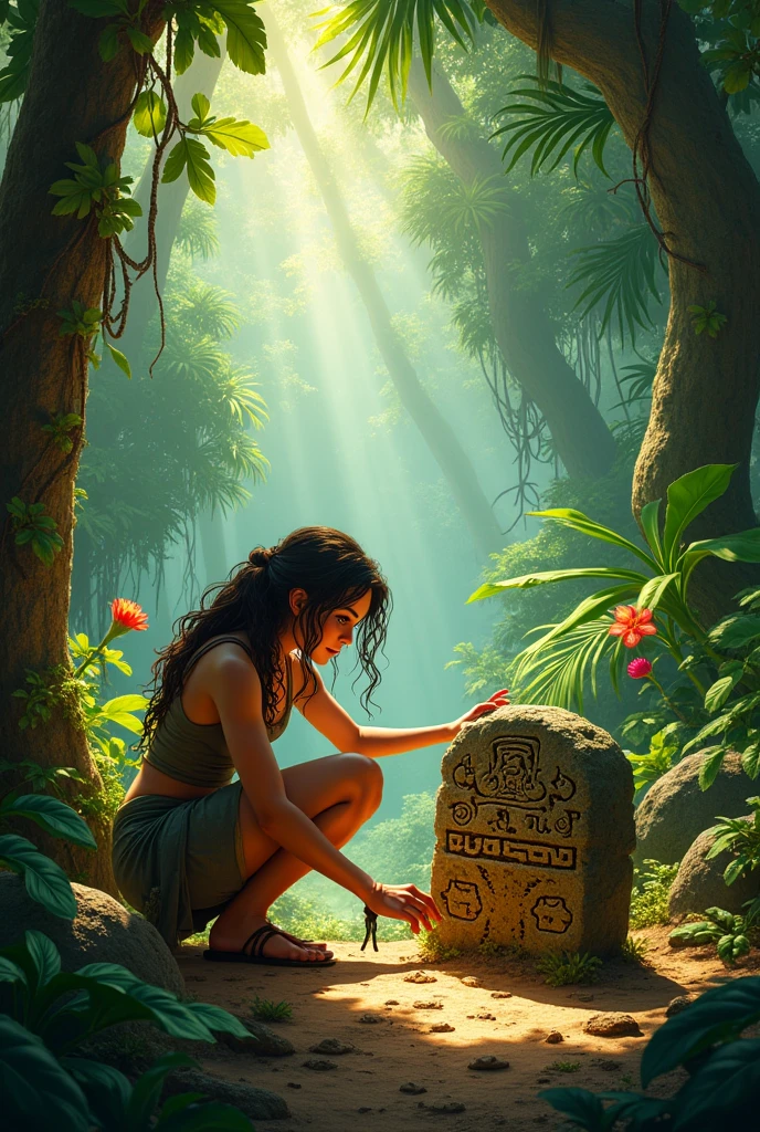 Lara and Max find the small ancient stone in the jungle