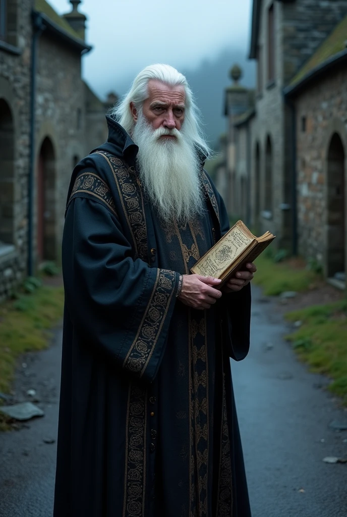 45 year old man with white fur in a black robe with a grimoire in his hand on a desolate street with Celtic garments