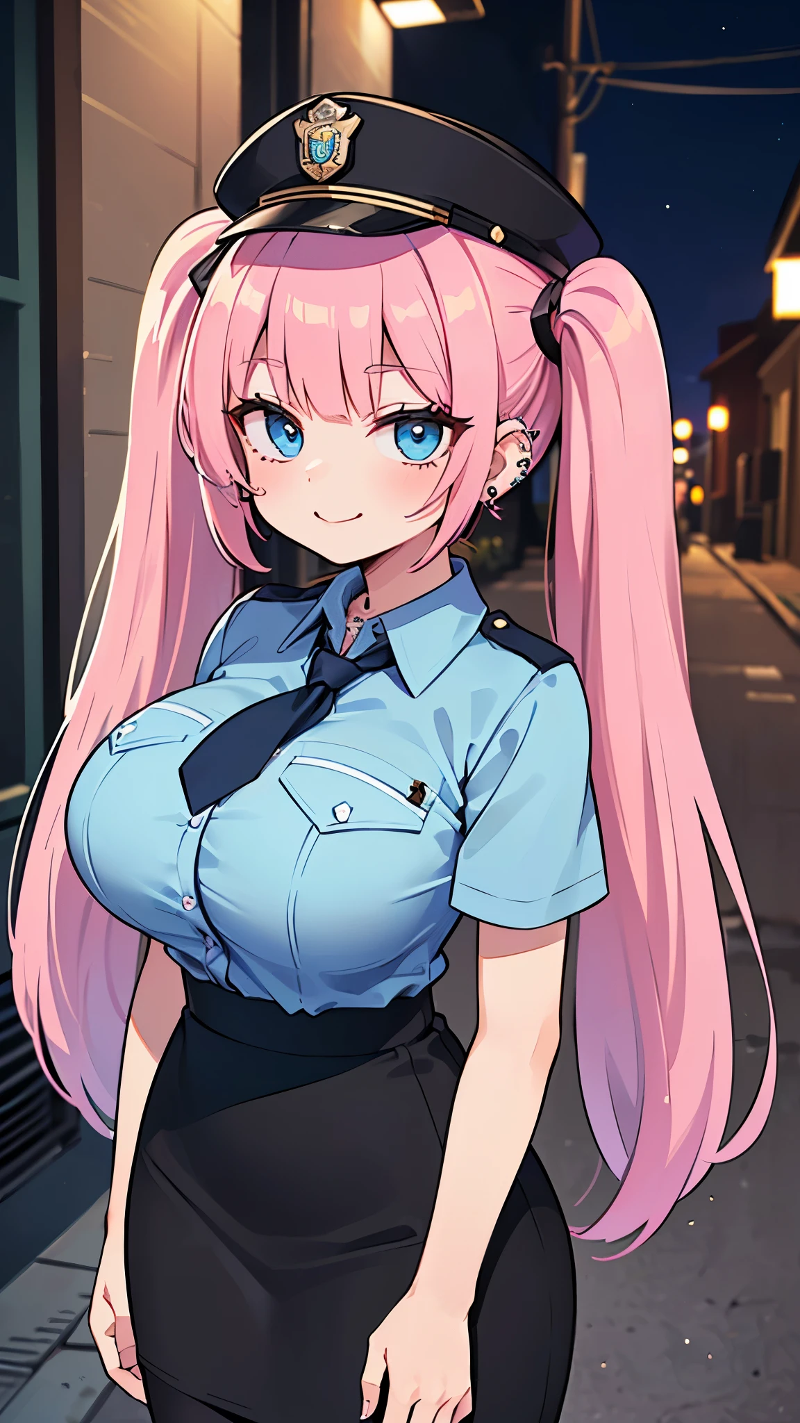 ((masterpiece、Highest quality、Super detailed)、((One person))、((Pink Hair))、((Twin tails))、((Light blue eyes))、evil smile、((lots of piercings))、((Very large breasts))、police hat、((Blue collared shirt))、Short sleeve、tie、((black pencilskirt))、Cowboy Shot、((night))、Alley Background