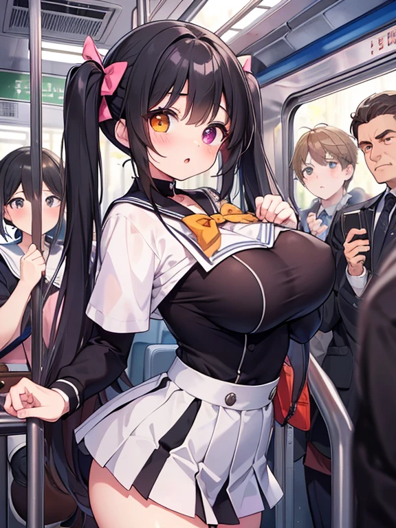 (masterpiece, top quality, super high quality, super high detail, beautiful hair, beautiful eyes, perfect face), inside train car, crowded train, morning rush, short twin tail, black hair, very , droopy eyes, heterochromia, pink eye, orange eye, very huge breasts, 145cm tall girl with summer Sailor uniform, riding on a crowded train, caught by the suspension leathers, middle-aged man's elbow on her boob, middle-aged man next to her touching her buttocks, molestation.