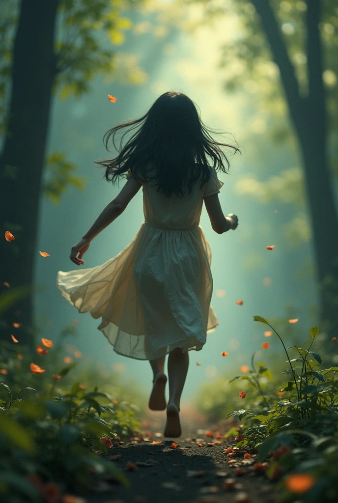 a black-haired girl with shoulder-length hair, fleeing from reality. (Heart Broken.)