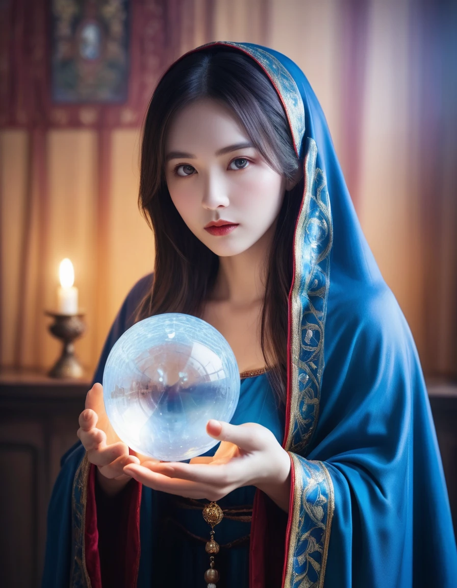 Female fortune teller. Body and face orientation: front. Charm, Beautiful and mysterious. She is wearing a blue cape、Have a clear face. Shining brightly, Filled with anxiety and anticipation. A fortune teller is standing. He is holding a slightly large crystal ball in each hand.. The lighting in the room is bright, Create a fantastic atmosphere. Best image quality, 4K or 8K resolution. Extremely fine detail、It's as real as a photo. Artistic style is、It should reflect the formula's aesthetic with bright colors and strong contrast。. The color palette should emphasize the mysterious and mystical theme of the piece.. The fortune teller's cloak is decorated with metal ornaments and intricate designs., Thickness ratio 1.5. The overall atmosphere is great、It's magical; The cloak is a symbol of the mysterious and mystical.. The fortune teller's facial expression should arouse mystical interest..
