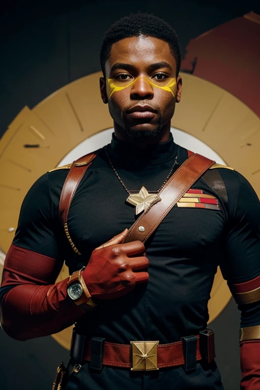 Create a character called Captain Angola, Inspired by Captain America, but with the colors of the Angolan flag. Captain Angola must wear a modern uniform, predominantly red and black, with yellow details. He carries a round shield similar to Captain America's., but with a design inspired by the Angolan flag, incorporating the gear and machete present in the flag. The mask should cover the upper half of the face, with a golden emblem in the center of the forehead. He must have a heroic posture, with a background that reflects the culture and landscape of Angola, like savannas or a modern city
