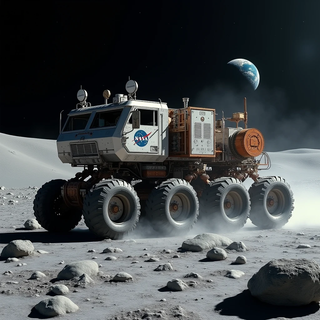 8 wheels, large cargo rover vehicle moon harvest on the moon, marshod, realistic, nasa