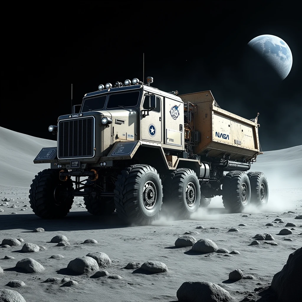 8 wheels, large cargo rover vehicle moon harvest on the moon, marshod, realistic, nasa