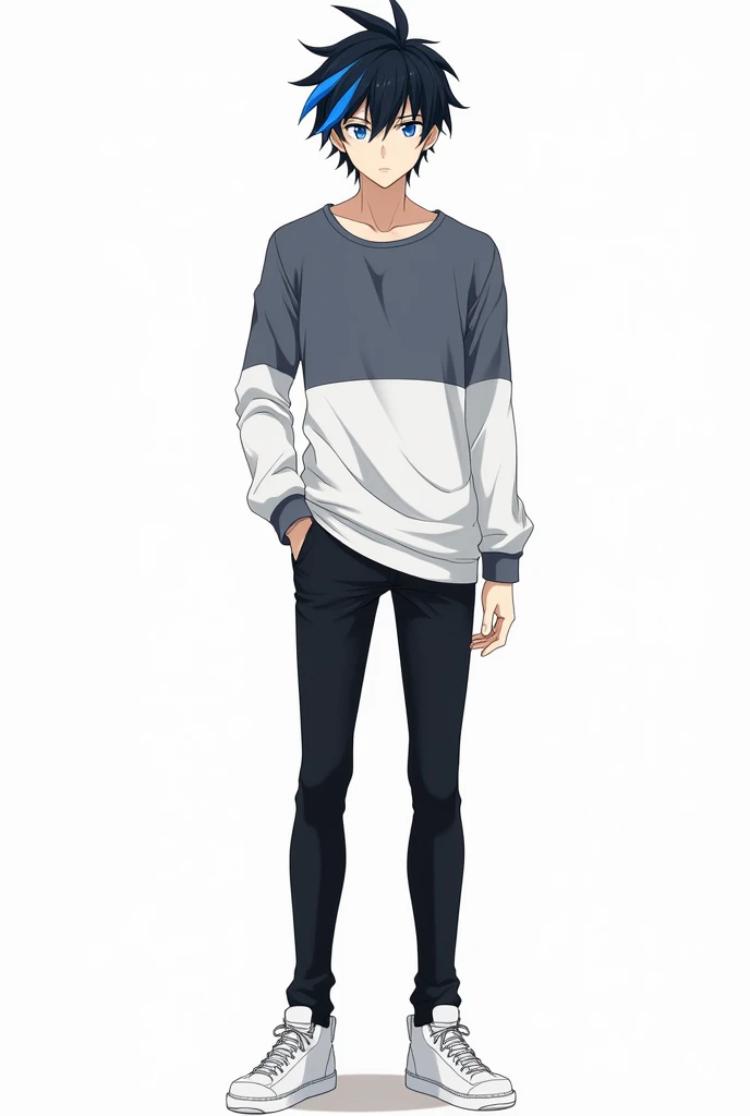 Create a male anime character with black hair and blue bangs with a tip pointing upwards, blue eyes, light skin, shirt with a white bottom, gray top and gray sleeves, black pants and white shoes and a white background.