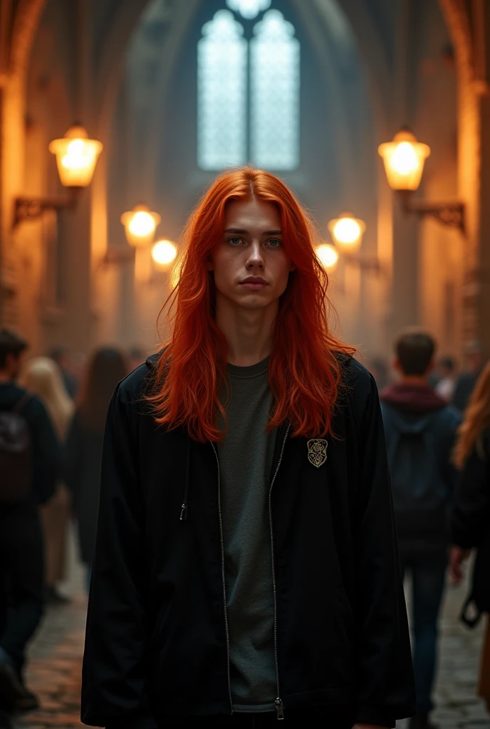 male, , tall, handsome, long red hair, bluish gray eyes, cool, leader, popular, gryffindor